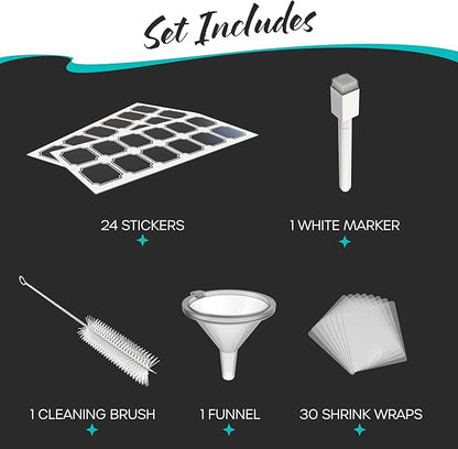 Nevlers 1 Oz Amber Glass Spray Bottles Small 24 Pack | Travel Spray Bottle Set w/Shrink Wrap, Funnel, Brush, Marker, & Labels | Dark Glass Bottles for Oil & Water | Perfume Travel Refillable Bottle