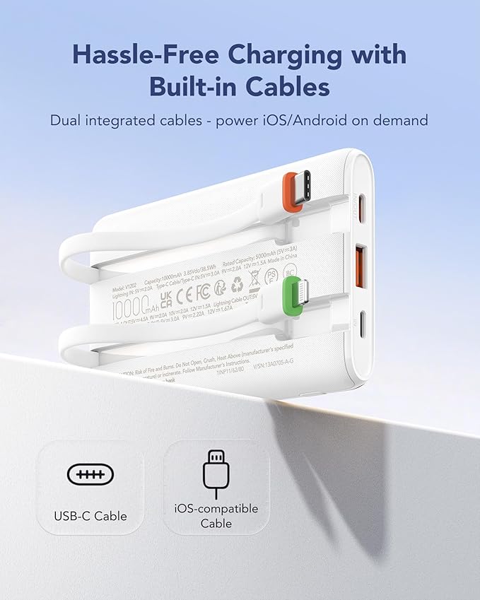 VEGER Portable Charger with Built in Cables, Slim 10000mAh PD 22.5W Fast Charging USB C Power Bank, 4 Outputs 3 Inputs Battery Pack Compatible with iPhone 16 15 14 13 Samsung iPad - Travel Essential