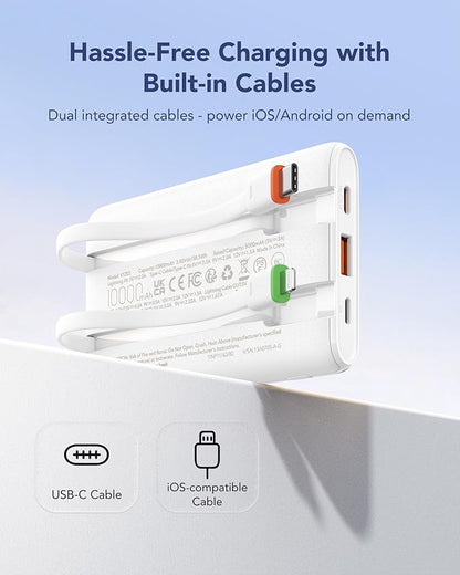 VEGER Portable Charger with Built in Cables, Slim 10000mAh PD 22.5W Fast Charging USB C Power Bank, 4 Outputs 3 Inputs Battery Pack Compatible with iPhone 16 15 14 13 Samsung iPad - Travel Essential