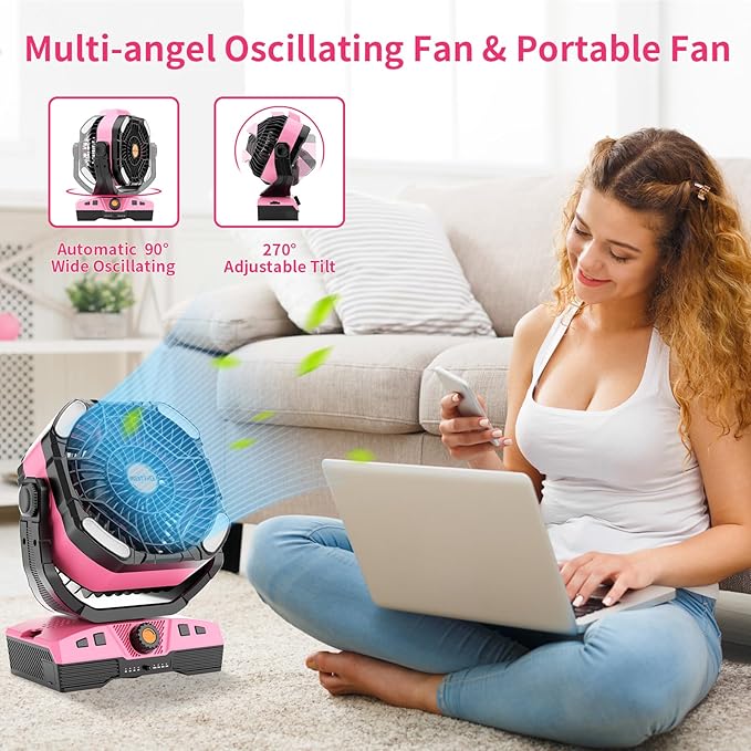 Camping Fan Oscillating Portable Fan 20000mAh Battery Powered Fans Rechargeable Camping Tent essentials Light Hook 270° Pivot USB Desk Outdoor Battery Operated X68 Pink