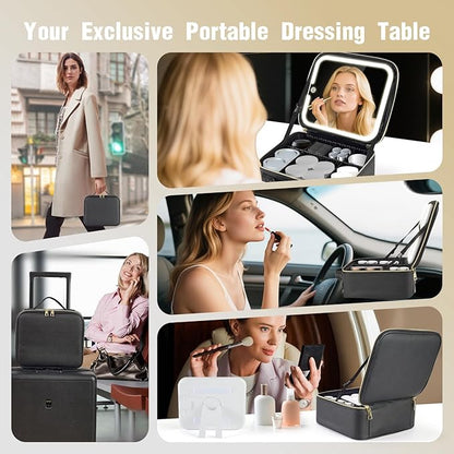 Travel Makeup Bag with Removable Mirror and Light, LED Lighted Make up Train Case, Cosmetic Organizer with PU Leather, 3 Colors Dimming Light, Adjustable Dividers & Brush Storage Board, Gift for Women