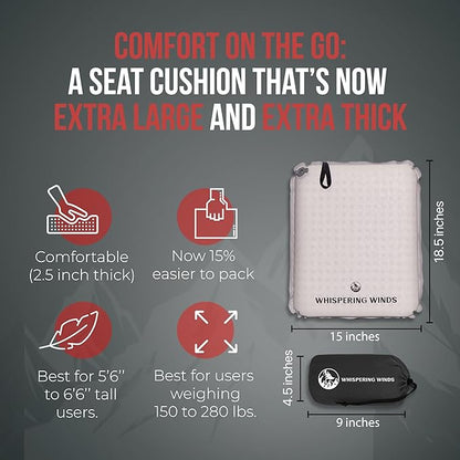 Whispering Winds Inflatable Seat Cushion - Comfortable Blow-up Foam Pad for Airplane, Travel, Stadium, Outdoors, Camping, Car & More