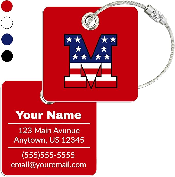 USA Initial Luggage Tag | 6 Pack | Personalized Luggage Tags for Suitcases | Choose Monogram Letter | Custom Fonts & Colors | Choose Tag Color