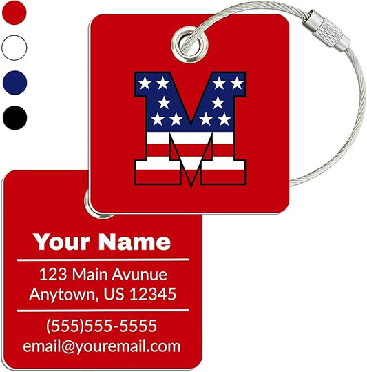 USA Initial Luggage Tag | 10 Pack | Personalized Luggage Tags for Suitcases | Choose Monogram Letter | Custom Fonts & Colors | Choose Tag Color