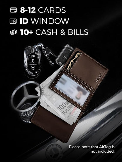 LORZOR Wallet for Men with Metal Card Holder, Pop Up Wallet, Finest Full Grain Leather Trifold Wallet, Smart, Minimalist, RFID Blocking, Front Pocket, ID Window, Brown/Grey