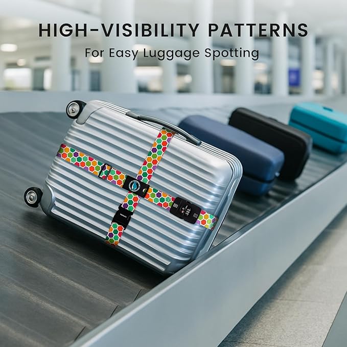 Travelkin Luggage Straps TSA Approved - Adjustable Cross Suitcase Straps with TSA Lock, Reinforced Buckle, Unique Pattern - Secure Heavy Duty Luggage Straps for Travel (Honeycomb)