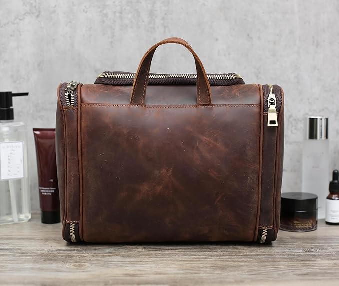 EURYNOME Toiletry Bag For Men, Genuine Leather Toiletries Organizer, Travel Hanging Toiletry Bag Large Water-resistant Bathroom Shaving Kit for Cosmetics, Makeup Case Travel Dopp Kit