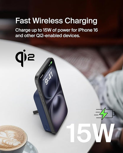 Belkin Portable Charger, Wireless Power Bank 15W 10000 mAh w/ Qi2, MagSafe Charger + Built-in Pop-up Kickstand - iPhone 17, Air, Pro, Pro Max, AirPods, Apple Watch, Google Pixel 10, etc. - Blue