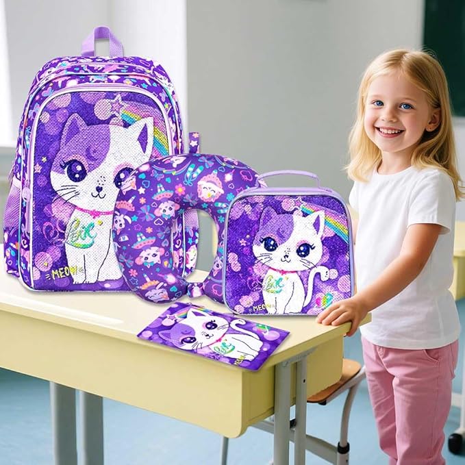 5PCS Kids Suitcase Set for Girls, Cute Sequins Cat Rolling Luggage, Travel Carry-On for Toddlers & Elementary Children