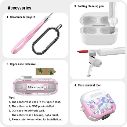 WENEW Case for AirPods 4th Case Cover Secure Lock Automatic Snap Switch Clip Cleaner Kit Lanyard Women Stylish Flower Armour Hard Shell Full Body Front LED Visible (Pink Universe, AirPods 4th)