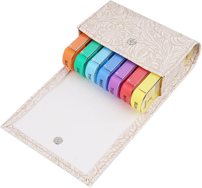 Pill Organizer,LIZIMANDU Weekly Travel Pill Case Box Medication Reminder Daily AM PM, Day Night 7 Compartments,for 4 Times A Day, 7 Days a Week-Includes Leather PU Carrying Case(1-Carved White)