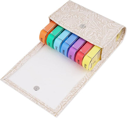 Pill Organizer,LIZIMANDU Weekly Travel Pill Case Box Medication Reminder Daily AM PM, Day Night 7 Compartments,for 4 Times A Day, 7 Days a Week-Includes Leather PU Carrying Case(1-Carved White)