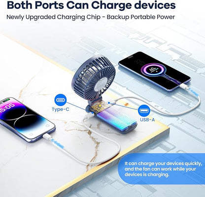 HandFan Upgraded Handheld Fan, 5 Speeds Strong Airflow Hand Fan [Max 27 Working Hours], 180° Foldable Compact Design Personal Fan Handheld with Portable Power for Travel/Disney/Concerts/Women (Blue)