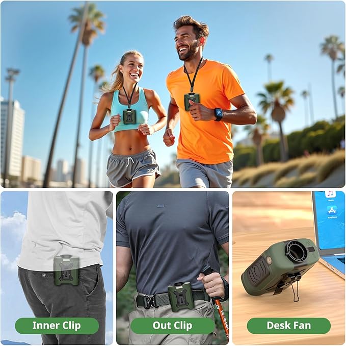Portable Waist Fan 10000mAh Portable Waist Fan 18000RPM Neck Fan With Max 12H Working Time 5 Speeds adjustment with LED flashlight and Charging display Cooling for Outdoor Jobsite and etc(Green)