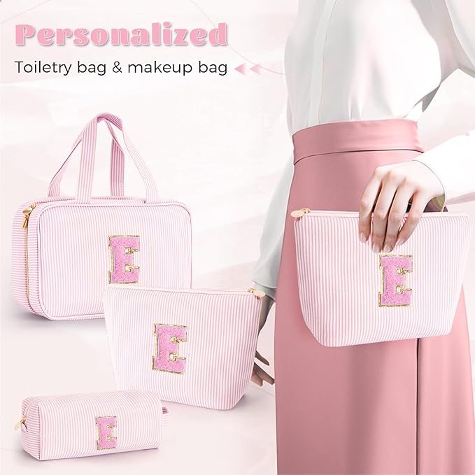 Personalized Toiletry Bag Makeup Bag for Women - Monogram Cosmetic Bag Travel Bag Brush Holder Birthday Gifts for Her Wedding Bridesmaid Friend Sister Teacher Wife Grandma - Pink E