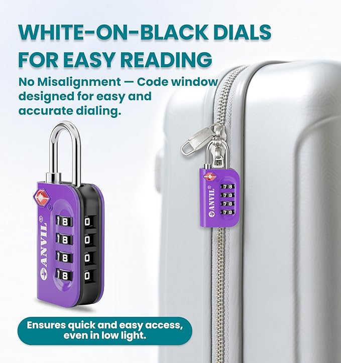 ANVIL TSA Approved Luggage Lock - 4 Digit Combination, 10,000 Combinations, Easy-Read Password Window, Travel Lock for Suitcases, Backpacks, Gym & Student Lockers, Baggage