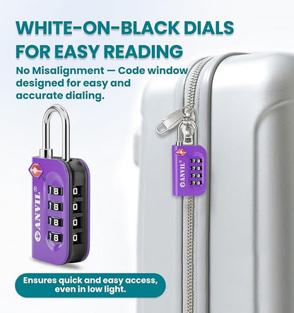 ANVIL TSA Approved Luggage Lock - 4 Digit Combination, 10,000 Combinations, Easy-Read Password Window, Travel Lock for Suitcases, Backpacks, Gym & Student Lockers, Baggage