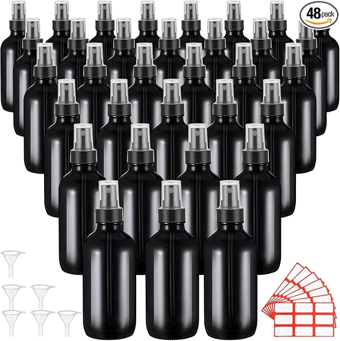 Fumete 36 Pcs Glass Spray Bottles 4oz Fine Mist Glass Spray Bottle Refillable Liquid Containers with 6 Labels 6 Funnel for Hair Travel Plants Cleaning Solutions Skin Care(Black,Classic)