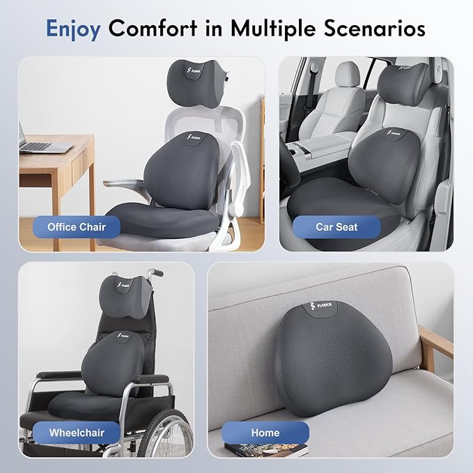 FLORICH Seat Cushion and Lumbar Support Pillow for Office Chair Car, Car Neck Pillow, Ergonomic Memory Foam Back Support for Office Gaming Chair Wheelchair, Relieves Neck, Back & Sciatica Pain – Gray