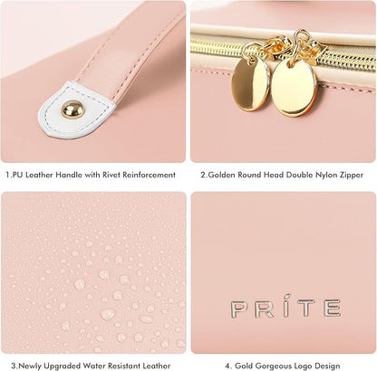 Prite Makeup Bag for Women Travel Waterproof Vegan Leather Cosmetic Bag Open Flat Toiletry Bag With Clear Divider and Handle (Pink)