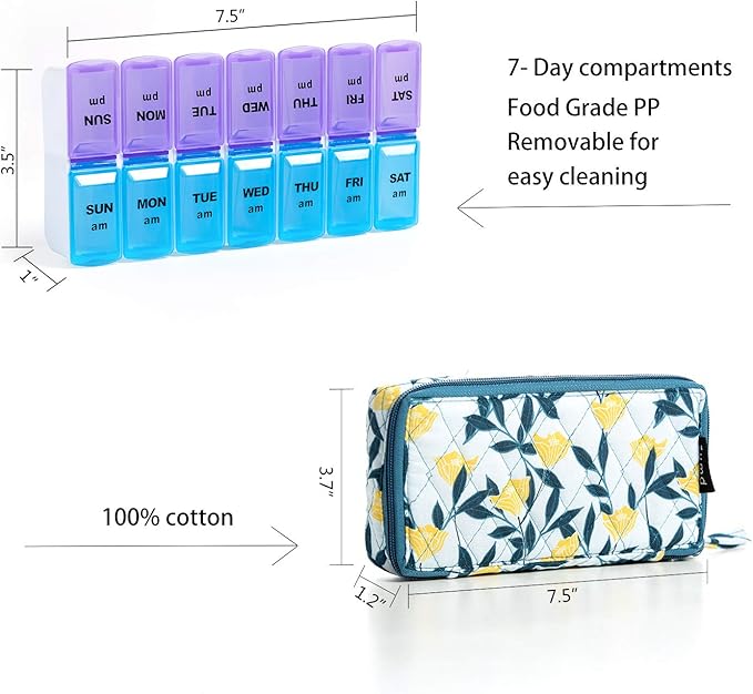 Weekly Pill Organizer 2 Times a Day,7 Day am pm Pill Organizer, Large Daily Pill Cases Pill Box Vitamin Organizer Box,Yellow Floral