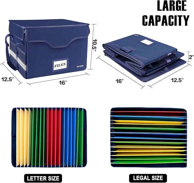 DocSafe Fireproof Document Box with Lock, File Storage Organizer with Mesh Pockets, Collapsible Portable File Box Home Office Safe Filing Cabinet with Handle for Hanging Letter/Legal Folder, Blue