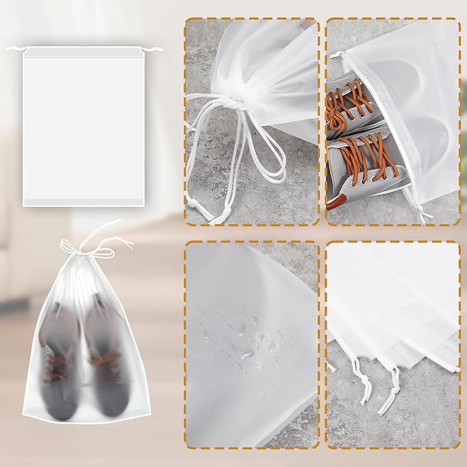 100 Pack Plastic Drawstring Bags Large Clear Shoe Bags for Storage Waterproof Dustproof Portable Shoe Storage with Rope for Packing,Men and Women, 15.7 x 11.8 inches