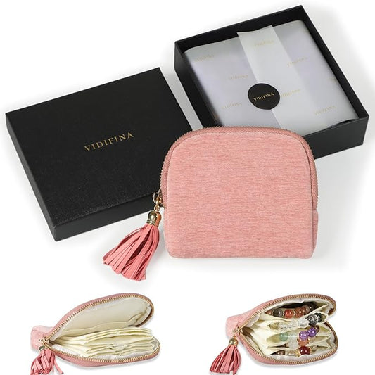 Small Travel Jewelry Case, Mini Travel Jewelry Bag with Zipper, 5-Layer Velvet Organizer Pouch for Bracelet Rings Earrings - Chenille Velvet Pink