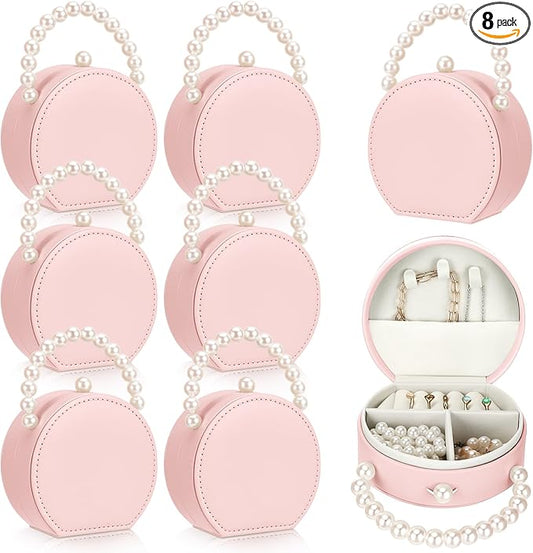 Weysat 8 Pack Travel Jewelry Case Bulk Mini Bridesmaid Jewelry Box Small Earring Storage Organizer for Women Proposal Gifts(Pink, Leather)