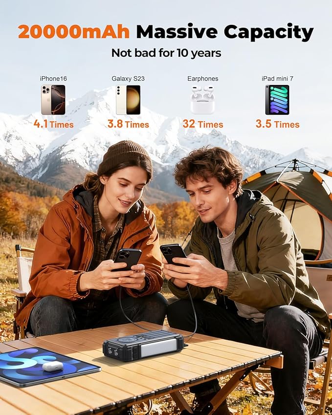 BLAVOR Solar Power Bank with Hand Crank and 4 Cables, 20000mAh Wireless Portable Charger with USB C & Camping Light, 20W Fast Charging Battery Pack for iPhone, iPad, Samsung, All Mobile Phones