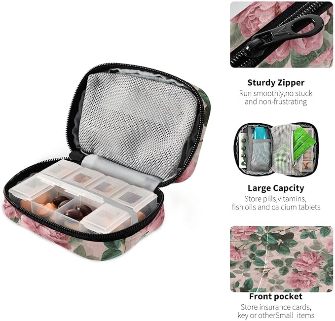 Pink Vintage Roses with Leaves Travel Pill Organizer Case Box Container Weekly Portable Vitamin Medicine Holder Storage Bag with Zipper Removable