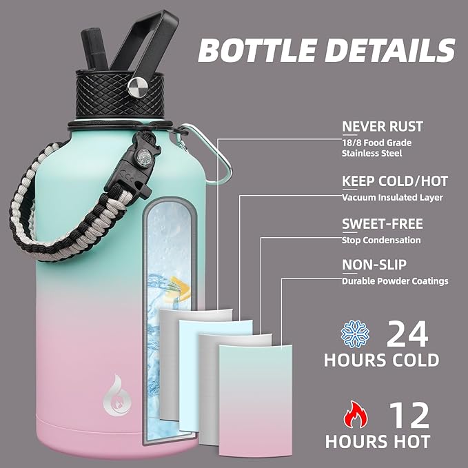 BJPKPK Half Gallon Insulated Water Bottles with 3 Lids and Paracord Handle, 50oz, 64oz, 87oz, 128oz Large, Stainless Steel Water Bottles with Straw Lid, Half Gallon Water Jug,Marshmallow