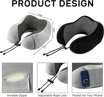 Neck Pillow Airplane-2 Pack Memory Foam Travel Pillow, Soft Support Travel Neck Pillow for Travelling, Sleeping Rest, Car, Train and Home Use (Black&Grey)
