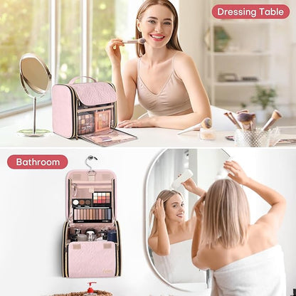 Hanging Toiletry Bag & Makeup Bag for Women with Jewelry Organizer - TSA Approved Large Capacity Travel Cosmetic Organizer, Waterproof Shower Essentials Case with Transparent Pockets, Pink