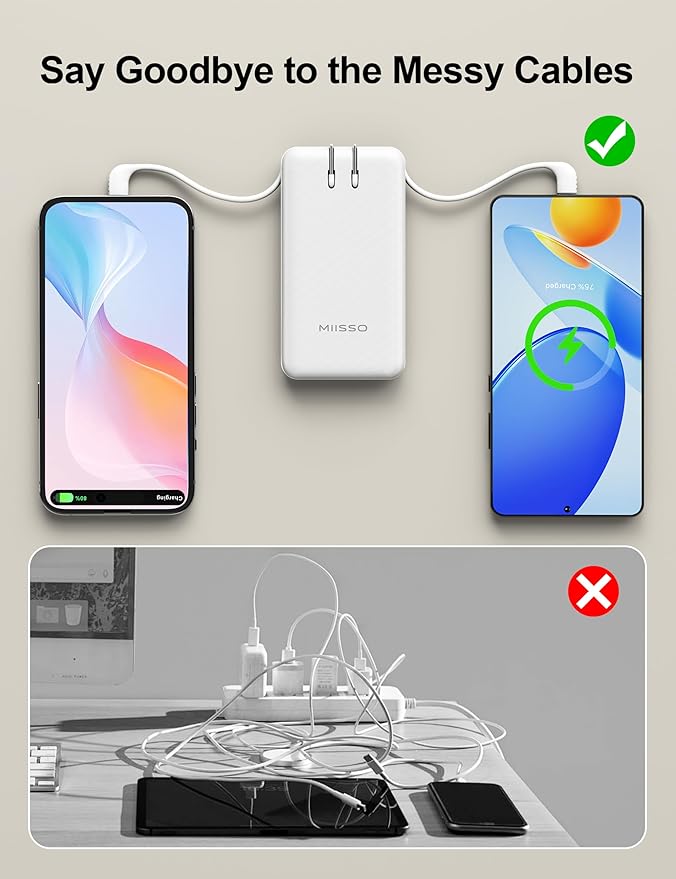 miisso Ultra Slim 10000mAh Power Bank Built-in Cables and Foldable AC Wall Plug, Pocket Size USB C Portable Charger, External Battery Pack Compatible with iPhone Samsung iPad etc, White
