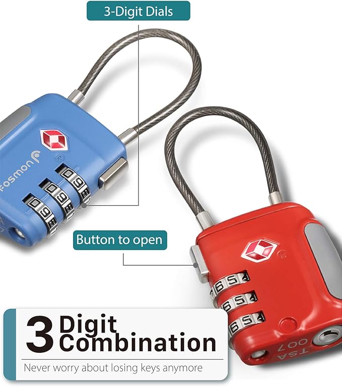 Fosmon TSA Approved Luggage Locks, Cable Suitcase Travel Lock, 3 Digit Long Shackle Combination Padlock, Wire Lock for Gym Locker, Backpack Anti Theft