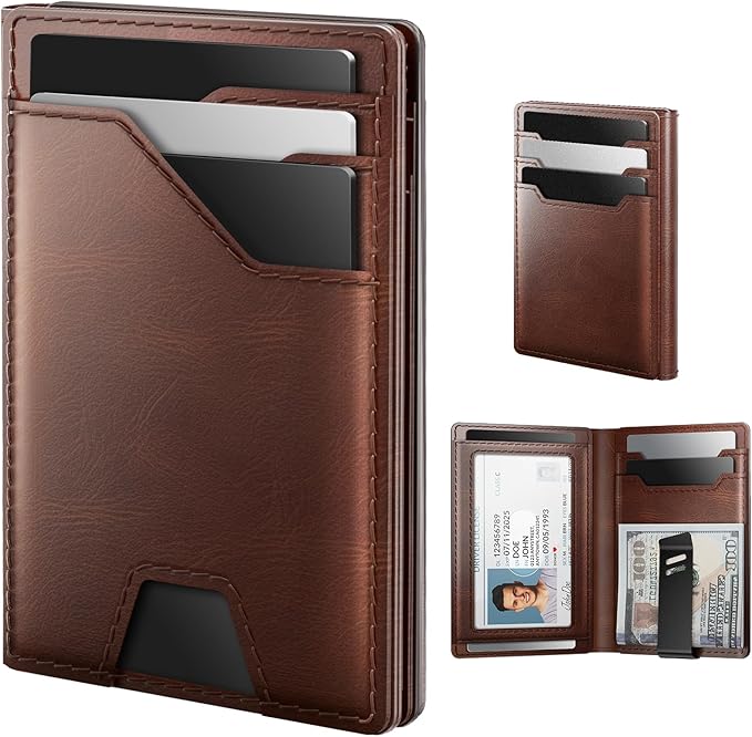 typecase Leather Wallet for Men Card Holder: Premium Genuine Leather, RFID Blocking, Slim, Minimalist, Front Pocket - 15 Cards Capacity | ID Window | Money Clip (Brown)