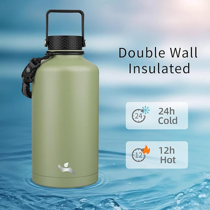 Insulated Water Bottle with Straw,87 oz 3 Lids Water Jug with Carrying Bag,Paracord Handle,Double Wall Vacuum Stainless Steel Metal Flask,Camp Green