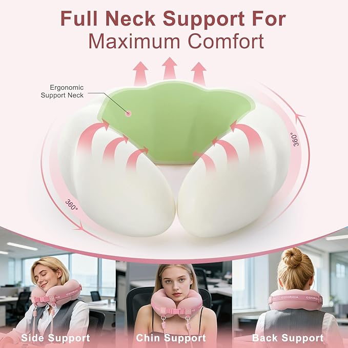 Travel Neck Pillow for Airplane, Super Soft Neck Support Travel Pillow - Lightweight and Stylish Convertible Style - Ergonomic Design for Long Flights, Car, Train & Office Use (Pink)