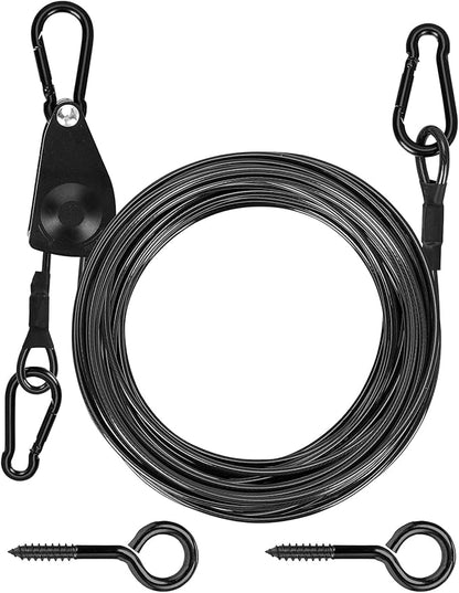 TooTaci 45ft Outdoor Clothesline Kit, 3/16" Black PVC Coated Wire Rope Heavy Duty Portable Clothes Line Kit with Self-Locking Pulley, Screw Hook & Snap Hook for Camping, Backyard, Balcony, Travel