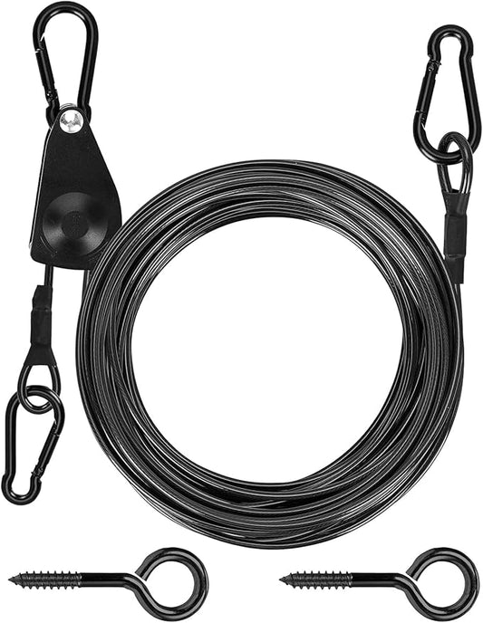 TooTaci 45ft Outdoor Clothesline Kit, 3/16" Black PVC Coated Wire Rope Heavy Duty Portable Clothes Line Kit with Self-Locking Pulley, Screw Hook & Snap Hook for Camping, Backyard, Balcony, Travel