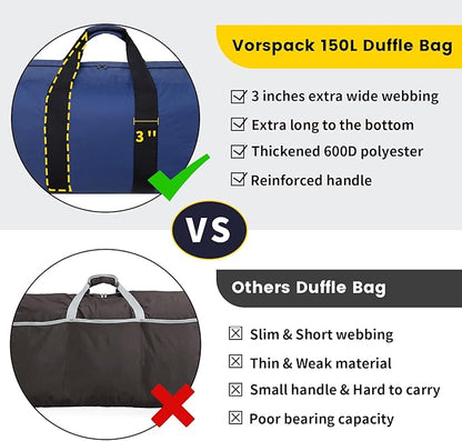 Vorspack Extra Large Duffle Bag for Travel - 150L Duffel Bag for Men Gear Bag for Storage Foldable Weekender Bag for Overnight Camping - Blue