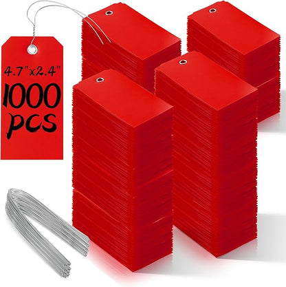 1000 Pieces Plastic Shipping Tags with Wire Labeling Tags Waterproof Hang Tags with Reinforcement Hole Writable Luggage tag Loops for Equipment Inventory Parts Garage (Red, 4 3/4" x 2 3/8")