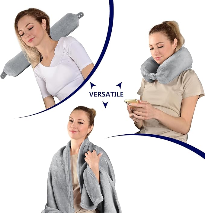2 in 1 Travel Blanket, Soft Warm Blanket with Cozy Neck Pillow Case, Portable Blanket Set for Airplane, Camping, Car (Grey)