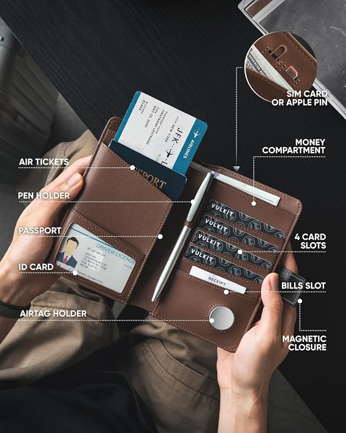 VULKIT Passport Holder with Airtag Holder RFID Blocking Passport Wallet Travel Leather Passport for Women(Black Brown)