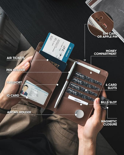 VULKIT Passport Holder with Airtag Holder RFID Blocking Passport Wallet Travel Leather Passport for Women(Black Brown)