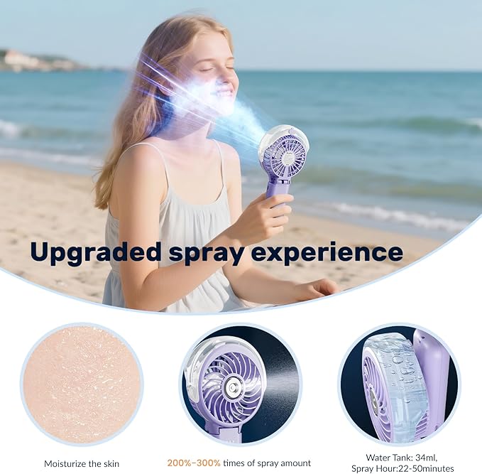 HandFan 5200mAh Upgraded Portable Misting Fan, Rechargeable Handheld Mister Fan, Spray Water Mist Fans, Mini Cooling AC Ice Fans for Beach Travel Concerts, Gifts for Women(Light Purple)
