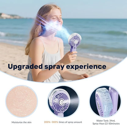 HandFan 5200mAh Upgraded Portable Misting Fan, Rechargeable Handheld Mister Fan, Spray Water Mist Fans, Mini Cooling AC Ice Fans for Beach Travel Concerts, Gifts for Women(Light Purple)