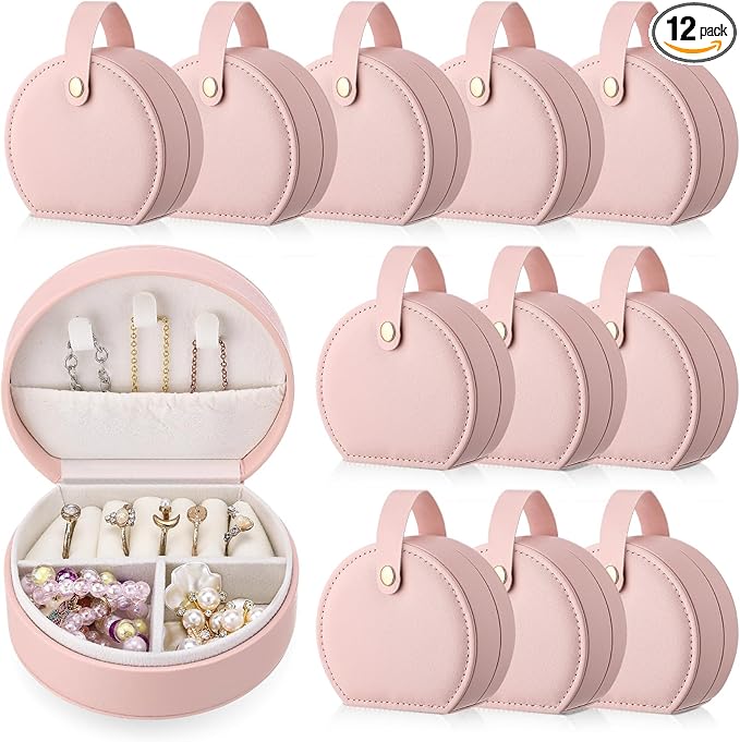 Weysat 12 Pack Travel Jewelry Case Mini Leather Bridesmaid Jewelry Gift Box Bulk, Half Moon Design, Detachable Handle, Small Earring Storage Organizer for Women Girls Bridesmaid Proposal Gifts(Pink)