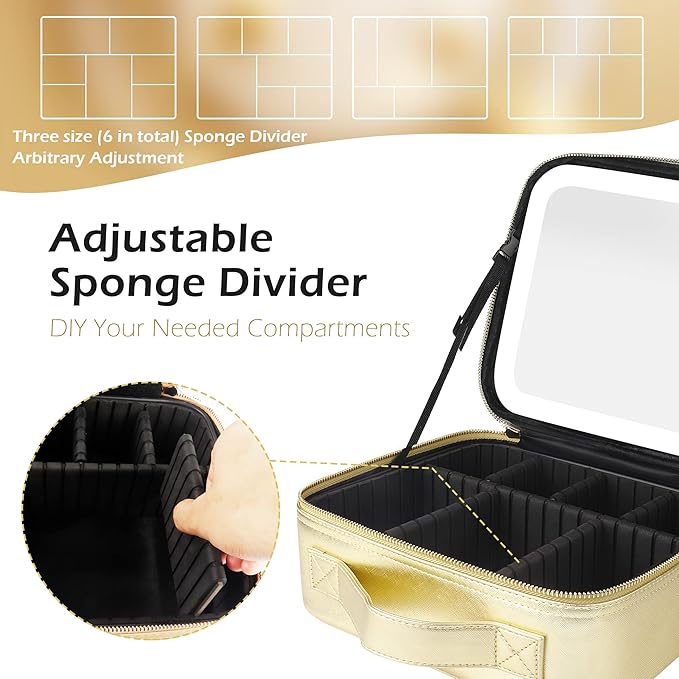 MOMIRA Travel Makeup Bag Cosmetic Bag Makeup Organizer Bag with Lighted Mirror, Adjustable Brightness in 3 Color Scenarios, Waterproof Makeup Train Case, Gift for Women - Golden